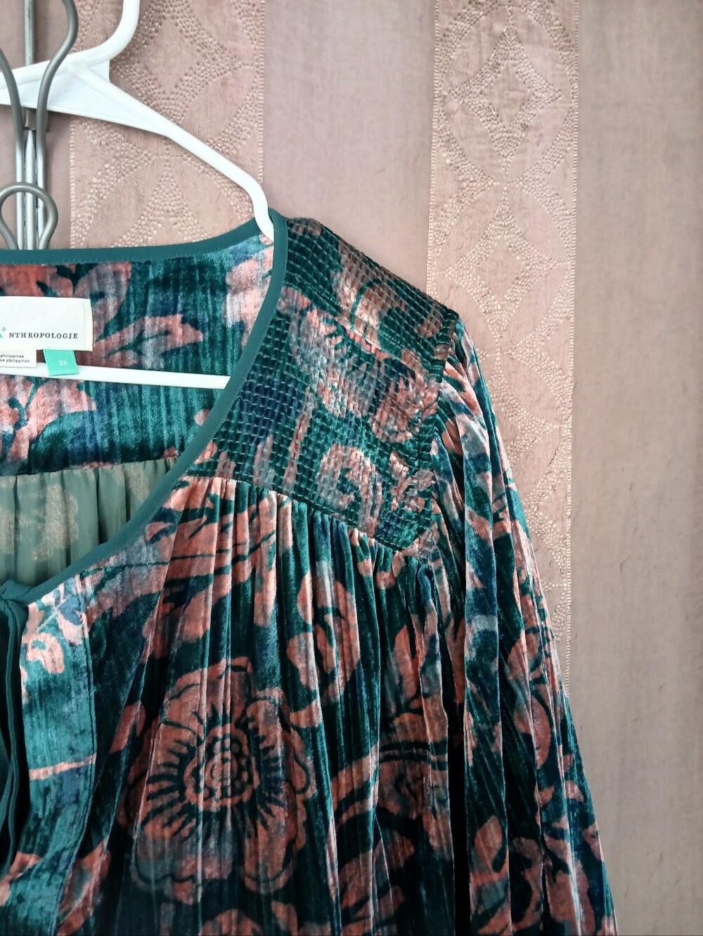 🏷️ Anthropologie Women's Top Faustine Velvet Teal Floral Peasant Plus 0458 - Picture 11 of 14